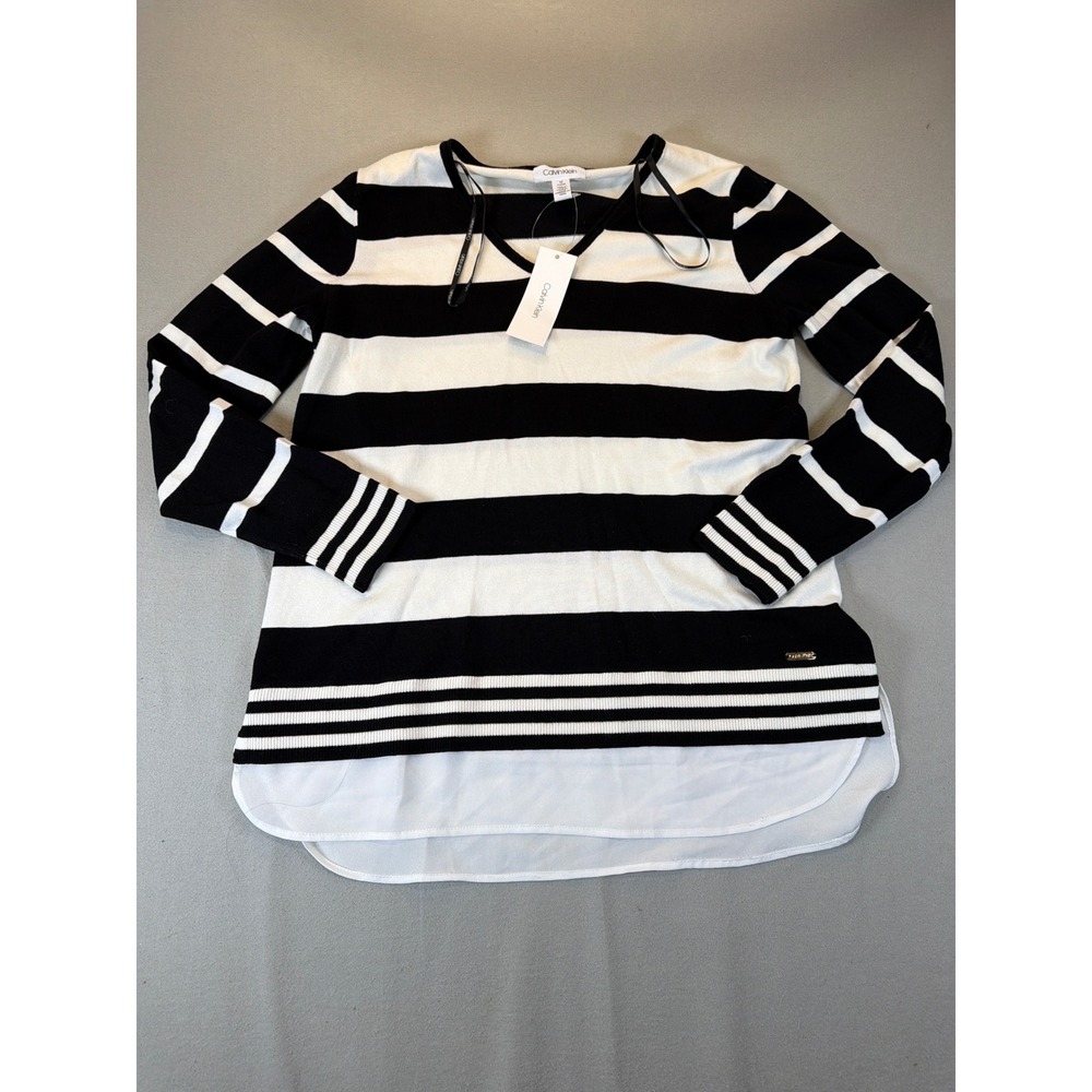 Calvin Klein Womens Striped V Neck Sweater Layered Hem Black White Size S